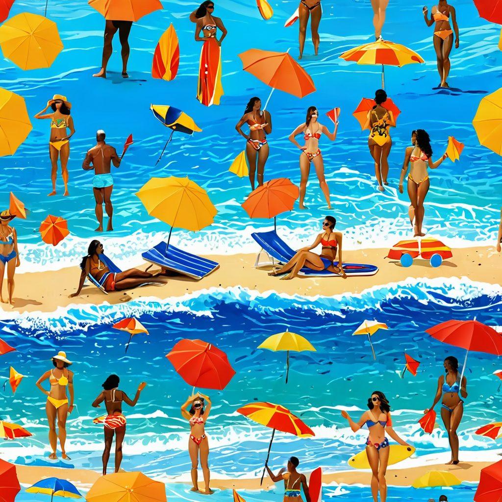 A vibrant beach scene showcasing diverse swimwear styles, featuring people of different ages and ethnicities enjoying various ocean activities like surfing, snorkeling, and sunbathing. Include colorful beach umbrellas and lounge chairs in the background, with shimmering waves and a bright blue sky. Emphasize the stylishness and variety of the swimwear to inspire adventure and fun. hyper-realistic. bright colors. summer vibes.