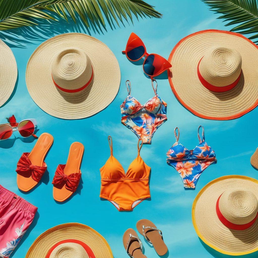 A vibrant beach scene showcasing an array of essential beachwear pieces such as colorful swimsuits, stylish cover-ups, trendy sandals, and oversized sun hats. The background features a clear blue sky, sparkling ocean waves, and a sun-soaked sandy beach. Incorporate tropical elements like palm trees and beach umbrellas to enhance the vacation vibe. The scene should evoke a sense of relaxation and fashion-forward thinking. super-realistic. vibrant colors. summer theme.